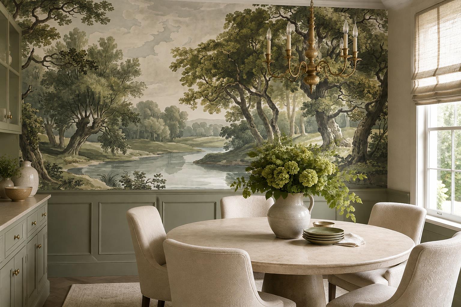 Olive Green Woodland River And Ancient Trees Wallpaper Mural — Wallpaper Mural Design, Peel-and-stick Finish