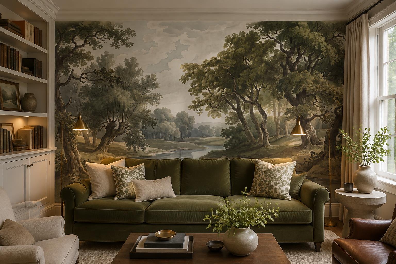 Tan And Neutral Abstract Forms Textured Refined Wallpaper Mural Living-room-wallpaper-murals, Shown In A Living Room, Peel-and-stick Finish