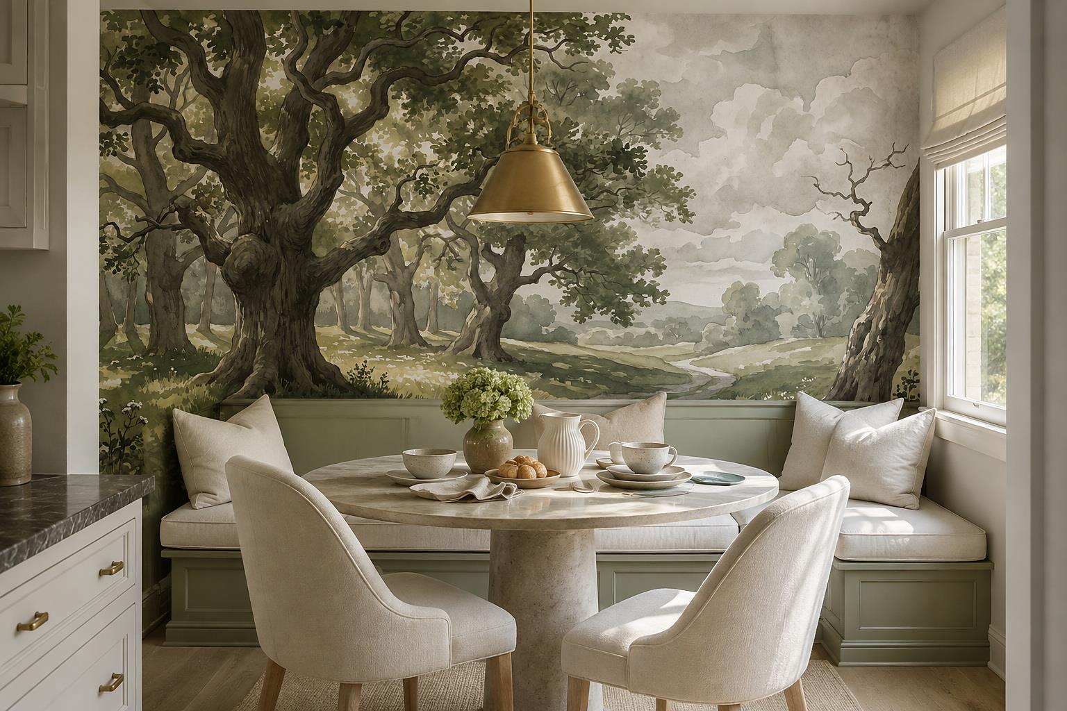 Tan And Neutral Abstract Forms Organic Painterly Wallpaper Mural Dining-room-wallpaper-murals, Shown In A Dining Room, Peel-and-stick Finish