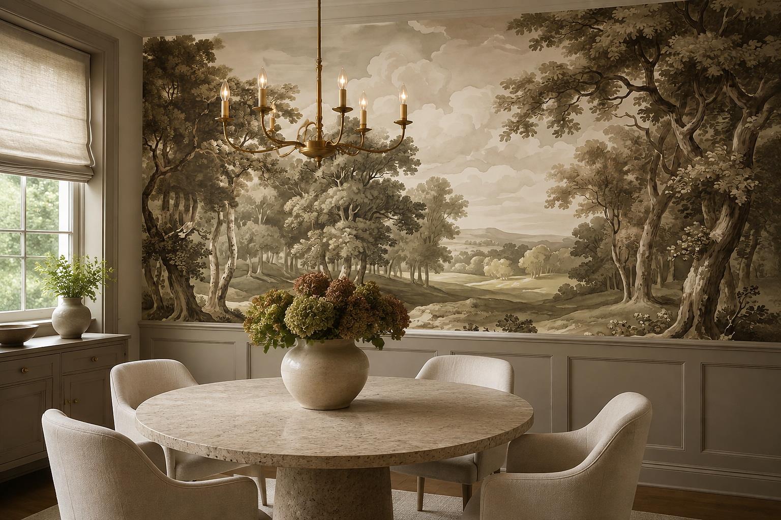 Tan And Neutral Abstract Forms Organic Layered Wallpaper Mural Dining-room-wallpaper-murals, Shown In A Dining Room, Peel-and-stick Finish
