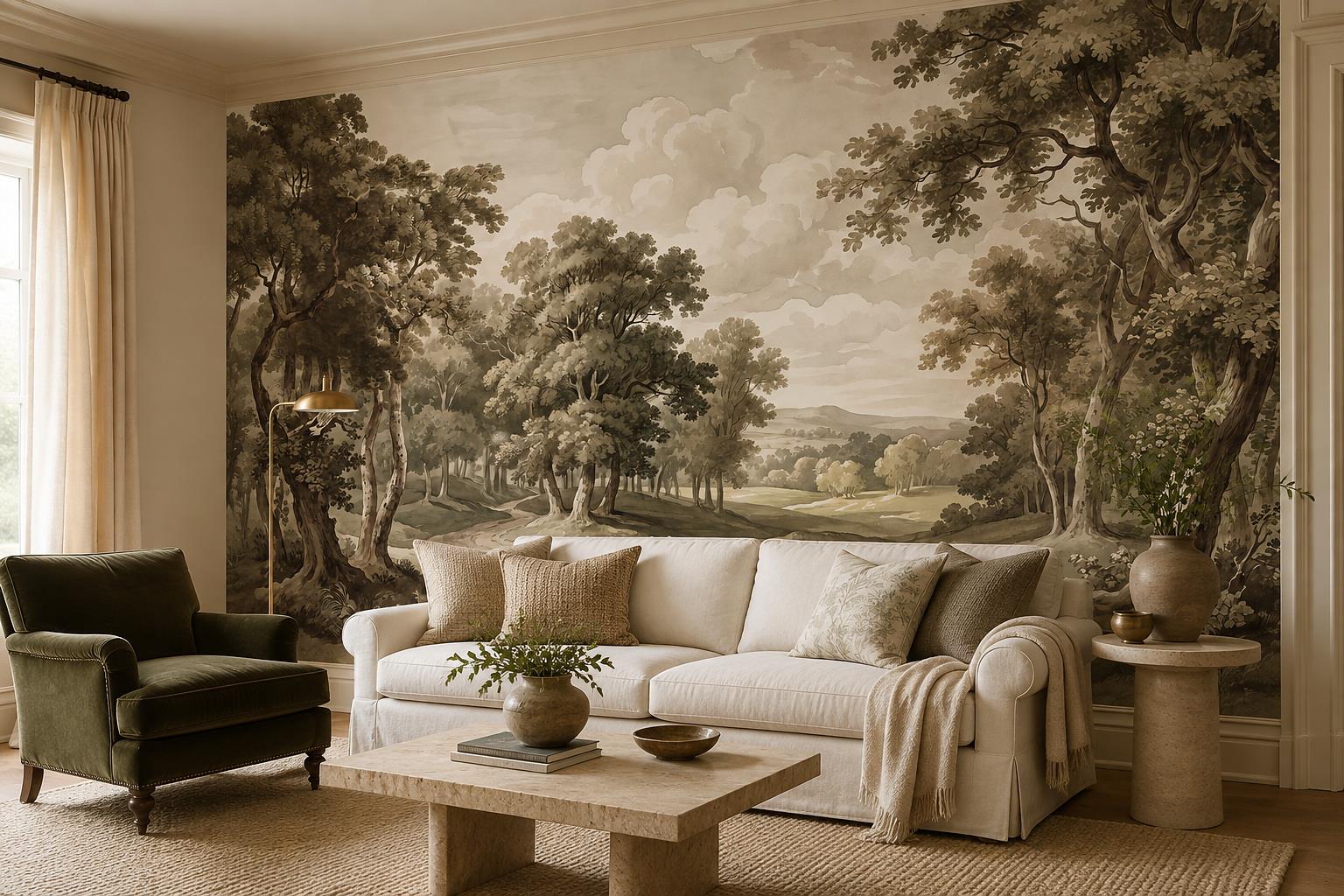 Sepia Woodland Valley And Winding Stream Wallpaper Mural — Wallpaper Mural Design, Peel-and-stick Finish