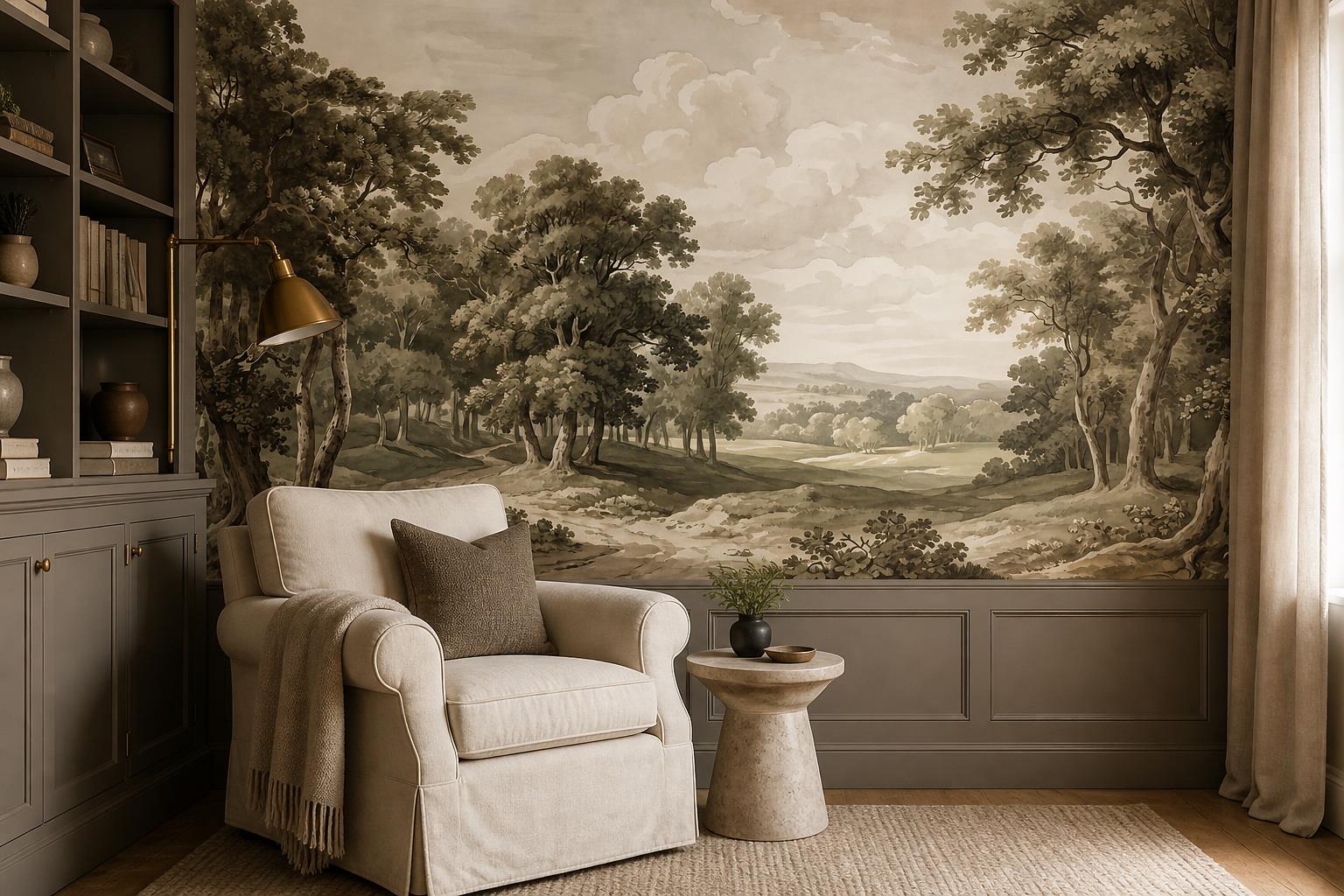 Tan And Neutral Abstract Forms Organic Layered Wallpaper Mural Accent-wall-wallpaper-murals, Peel-and-stick Finish