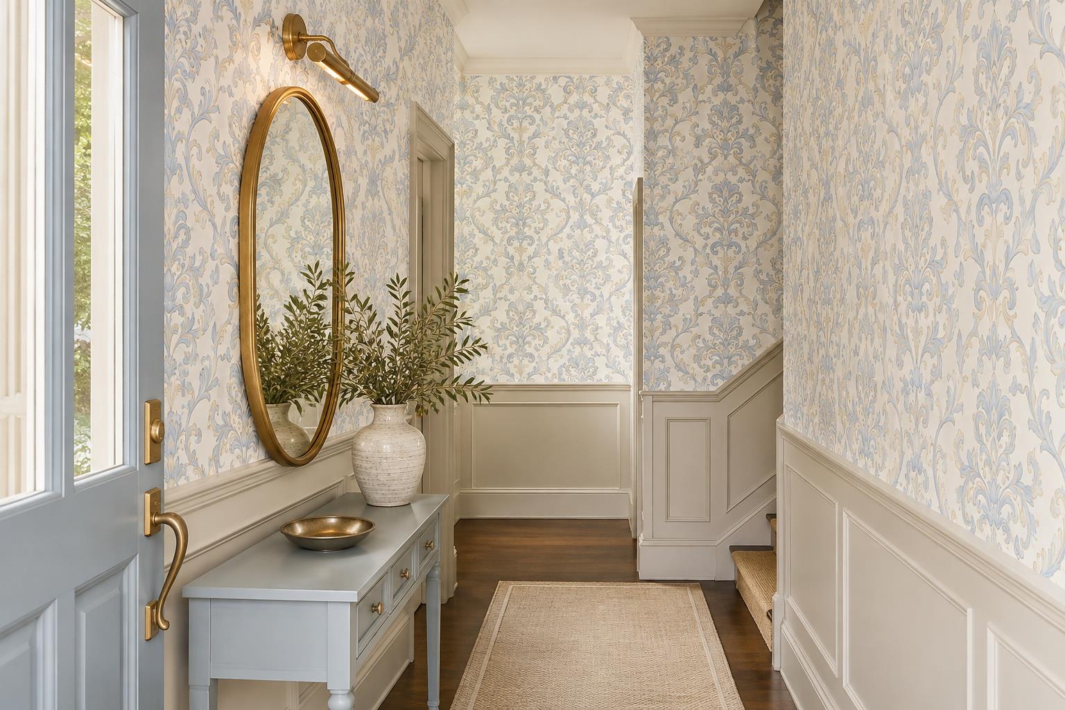 Pale Grey And Gold Floral Damask Wallpaper Mural — Installed Wallpaper Mural In A Entryway, Peel-and-stick Finish
