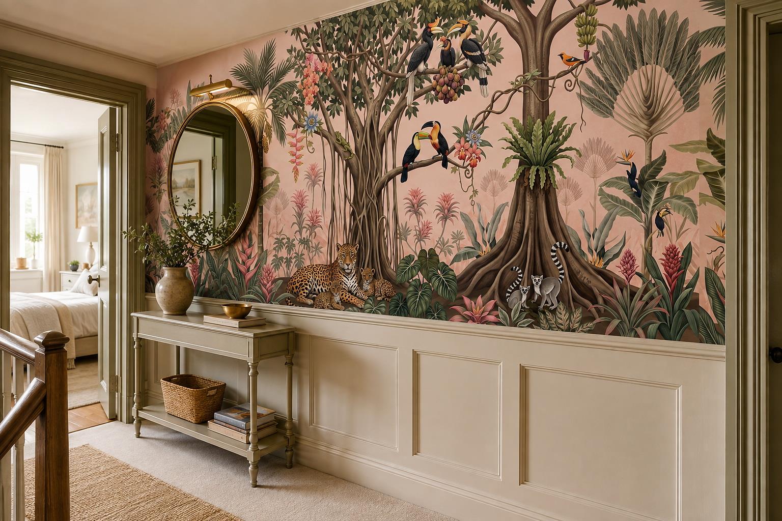Pink Jungle Leopard Family Toucans And Tropical Foliage Wallpaper Mural — Installed Wallpaper Mural In A Entryway, Peel-and-stick Finish
