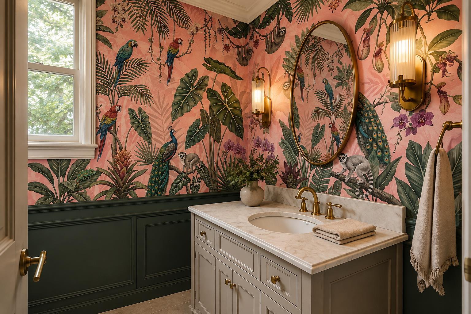 Pink Jungle Parrots Sloths Peacocks And Tropical Plants Wallpaper Mural — Wallpaper Mural Design, Peel-and-stick Finish