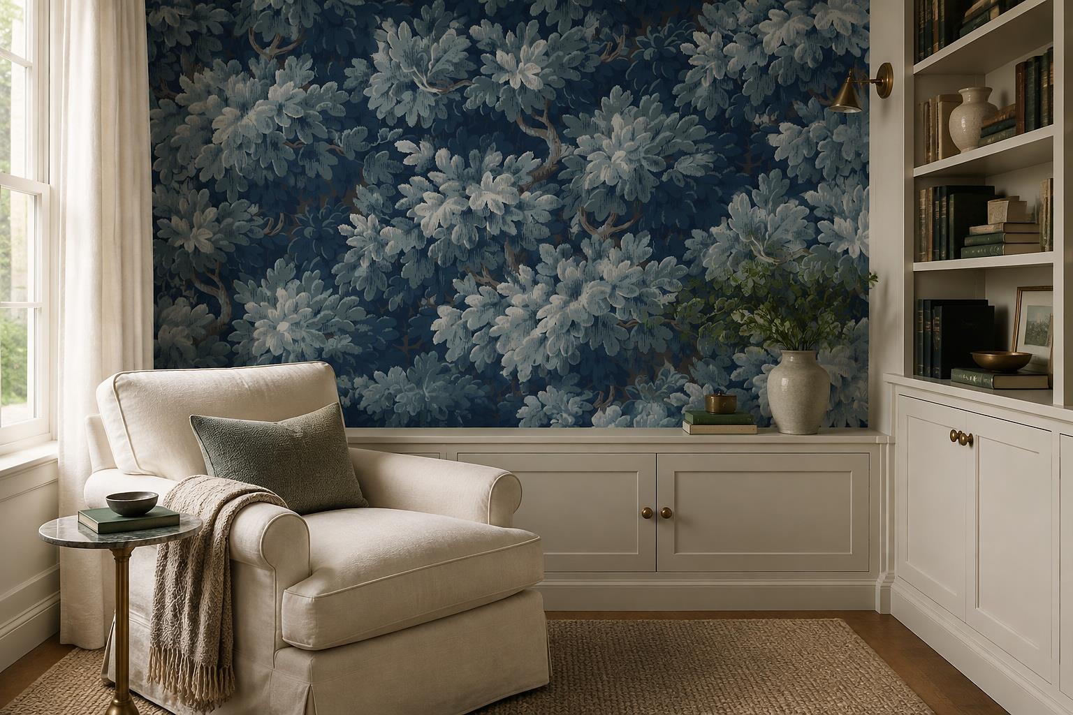 Navy Woodland Canopy With Blue Grey Leaves Wallpaper Mural — Wallpaper Mural Design, Peel-and-stick Finish