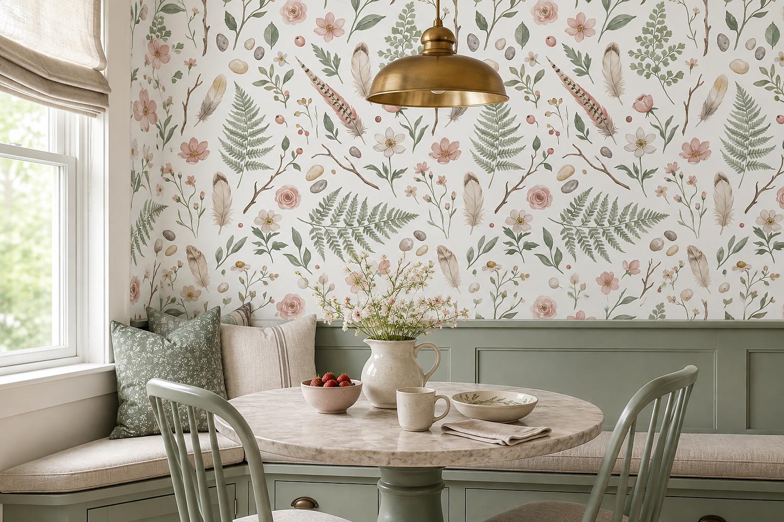 Tan And Neutral Abstract Forms Organic Curved Wallpaper Mural Dining-room-wallpaper-murals, Shown In A Dining Room, Peel-and-stick Finish