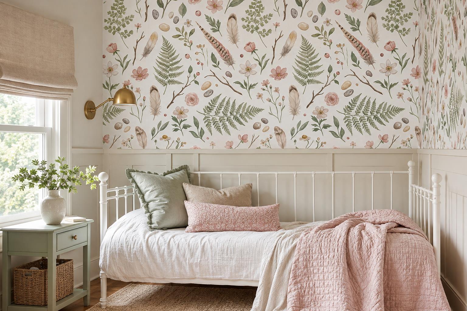 Watercolour Feathers Ferns And Blush Wildflowers Wallpaper Mural — Wallpaper Mural Design, Peel-and-stick Finish