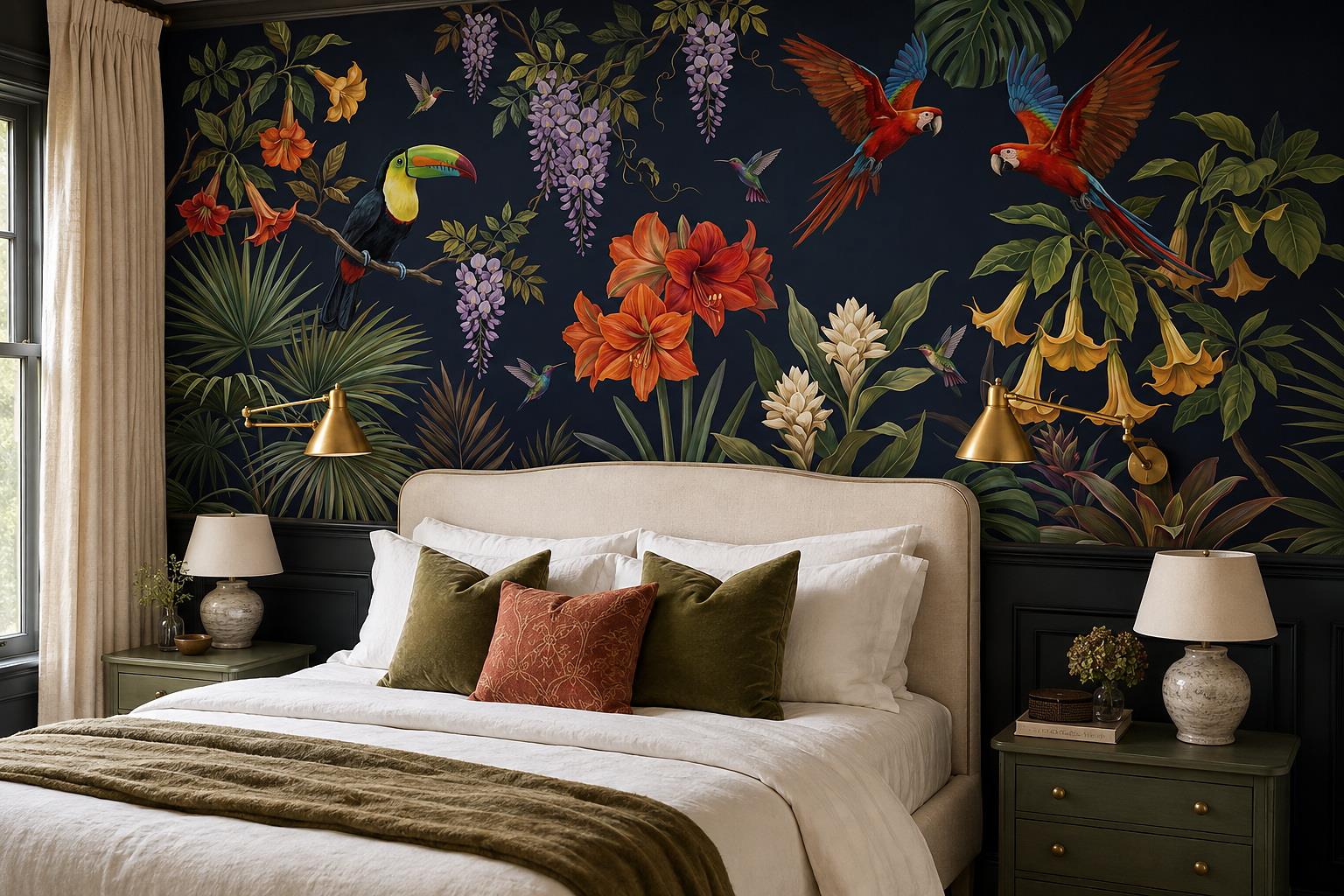 Navy Jungle Macaws Toucan Hummingbirds And Tropical Flowers Wallpaper Mural — Installed Wallpaper Mural In A Bedroom, Peel-and-stick Finish