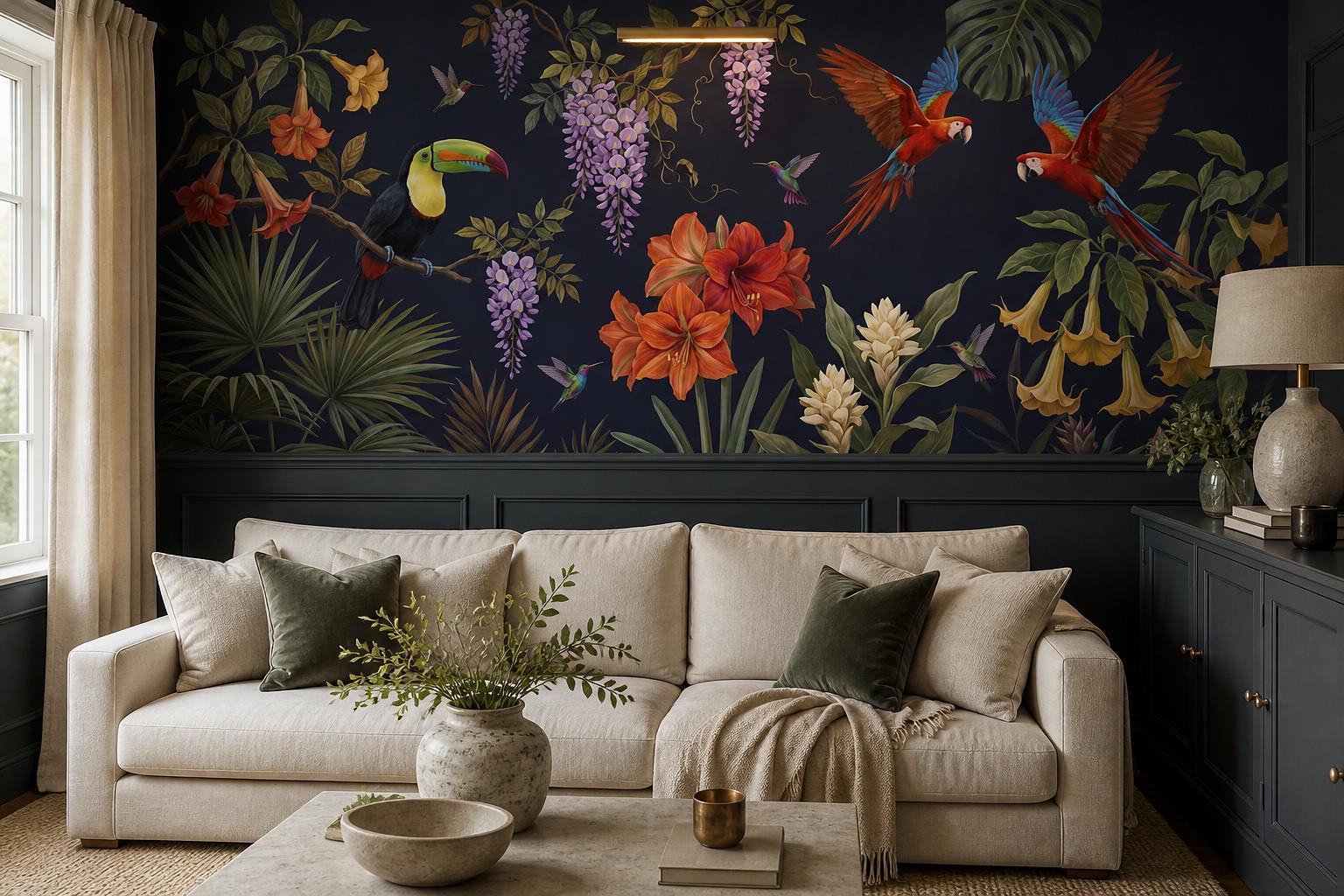 Tan And Neutral Abstract Forms Organic Graphic Wallpaper Mural Living-room-wallpaper-murals, Shown In A Living Room, Peel-and-stick Finish