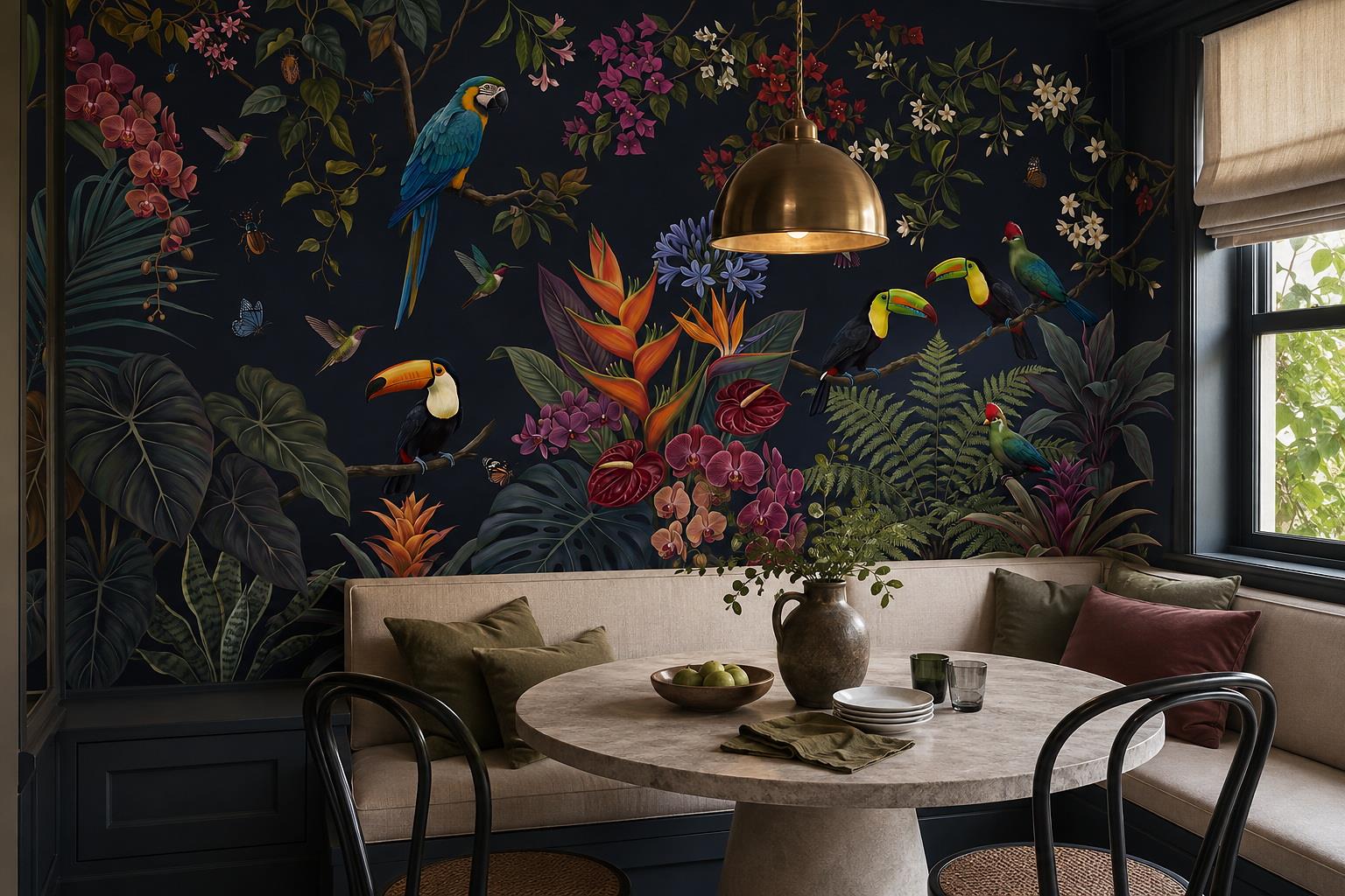 Navy Tropical Birds Orchids And Jungle Foliage Wallpaper Mural — Wallpaper Mural Design, Peel-and-stick Finish