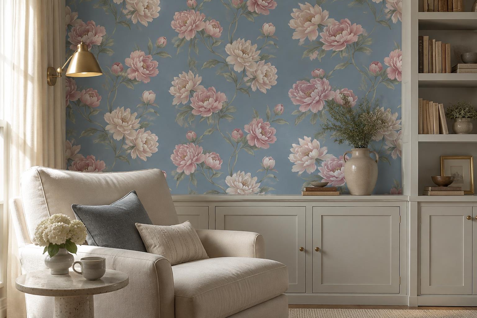 Tan And Neutral Abstract Forms Organic Brushwork Wallpaper Mural Living-room-wallpaper-murals, Shown In A Living Room, Peel-and-stick Finish
