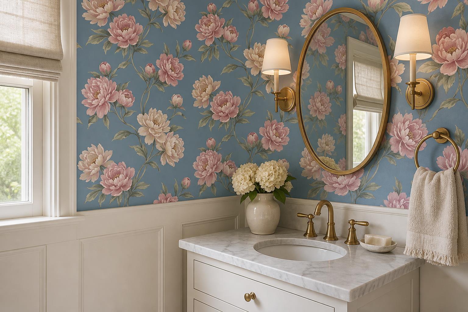 Pink And Ivory Peonies On A Dusty Blue Ground Wallpaper Mural — Wallpaper Mural Design, Peel-and-stick Finish
