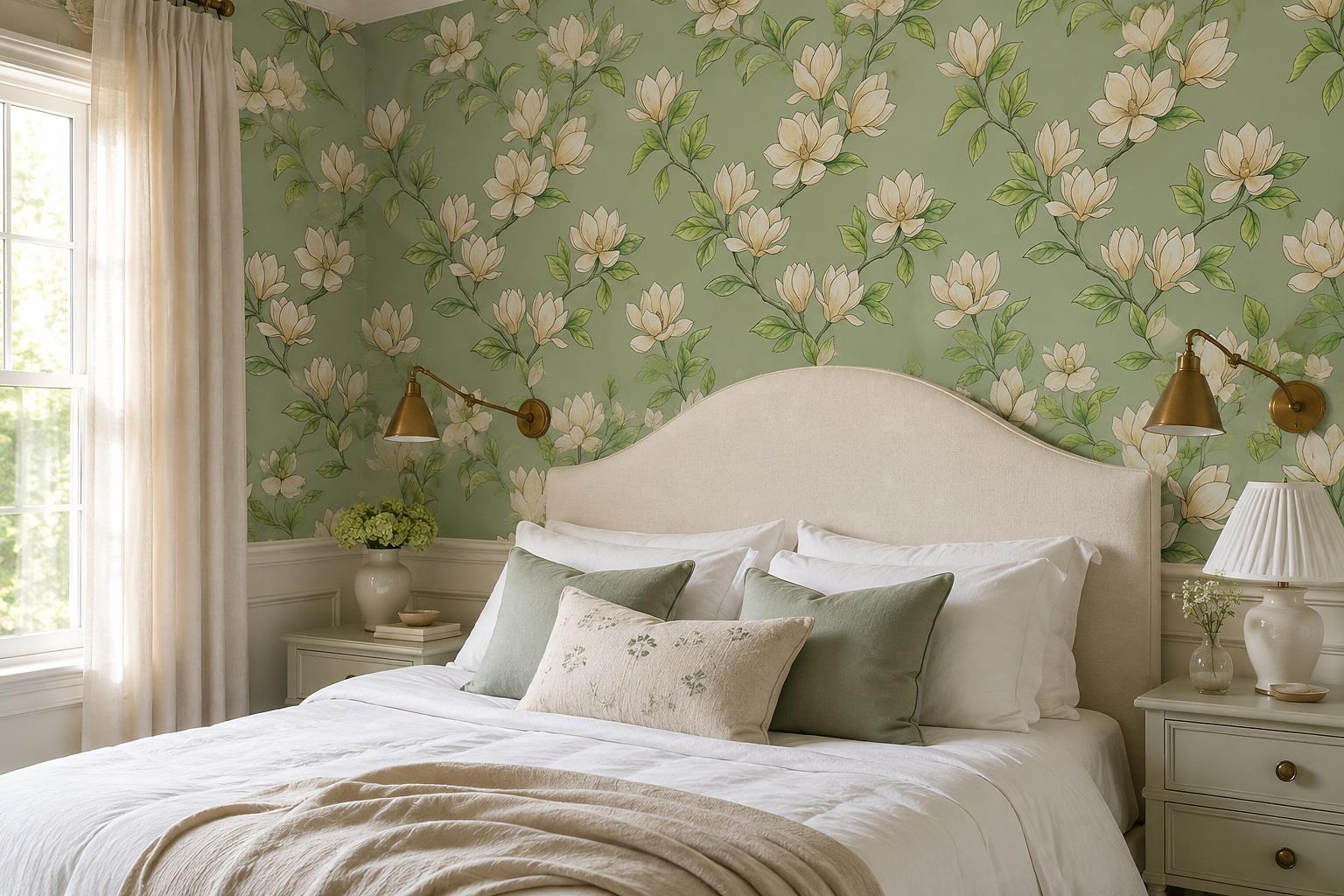 Cream Magnolia Blossoms And Green Leaves Wallpaper Mural — Installed Wallpaper Mural In A Bedroom, Peel-and-stick Finish