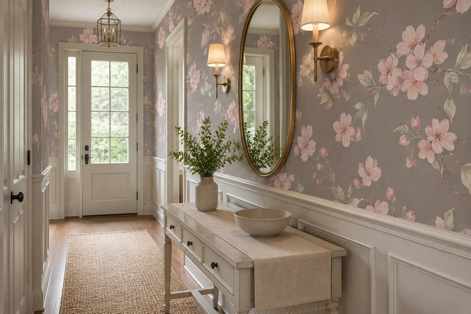 Pink Cherry Blossom Branches On Taupe Wallpaper Mural — Installed Wallpaper Mural In A Entryway, Peel-and-stick Finish
