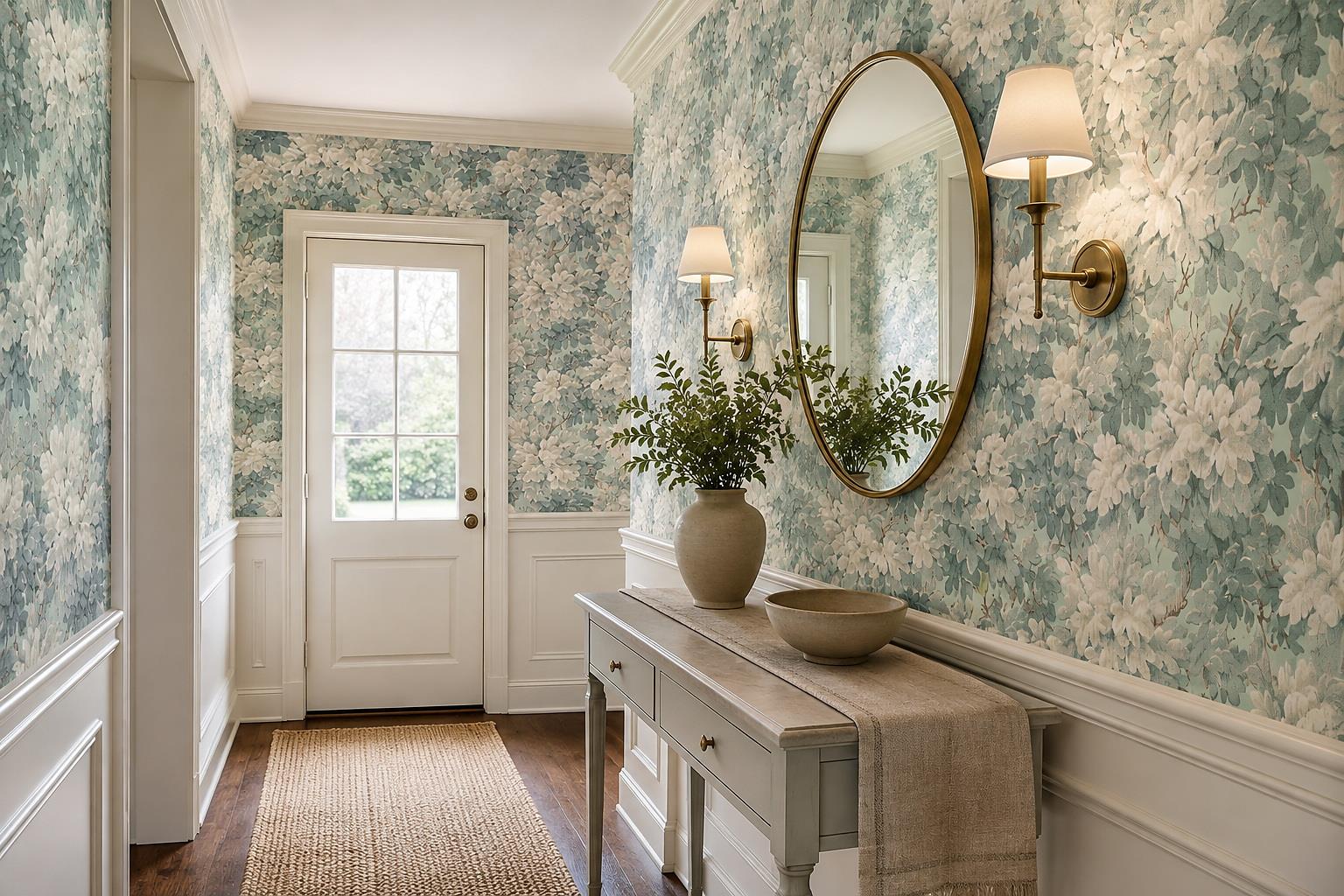 Ivory Blossoms And Sage Foliage Wallpaper Mural — Installed Wallpaper Mural In A Entryway, Peel-and-stick Finish