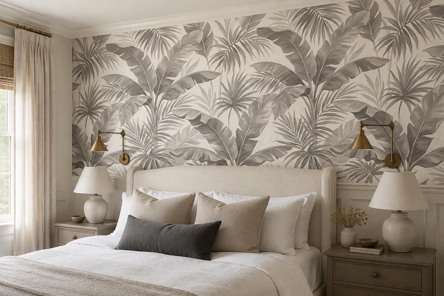 Monochrome Palm And Banana Leaf Wallpaper Mural — Installed Wallpaper Mural In A Bedroom, Peel-and-stick Finish