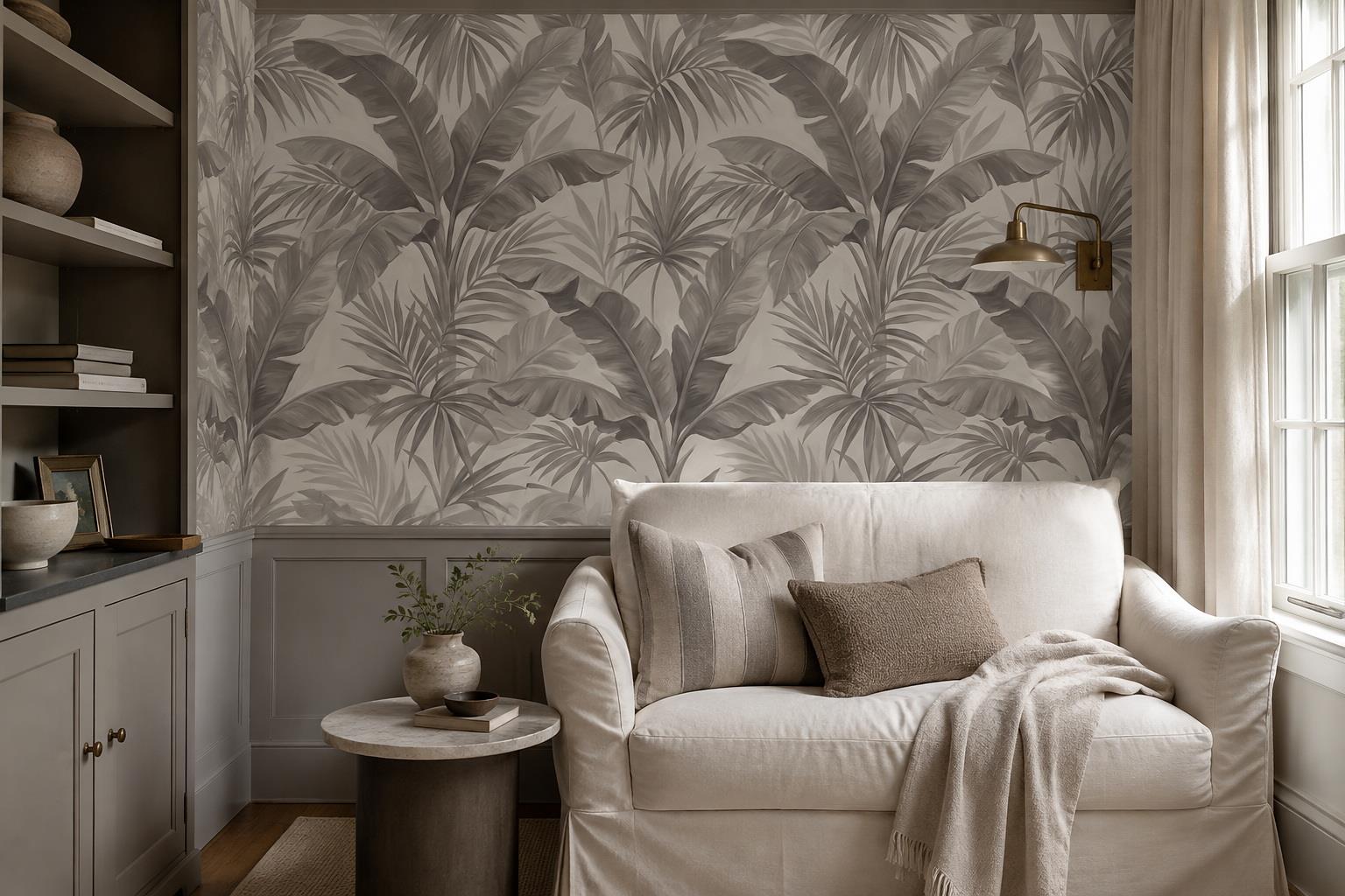 Tan And Neutral Abstract Forms Organic Forms Wallpaper Mural Living-room-wallpaper-murals, Shown In A Living Room, Peel-and-stick Finish