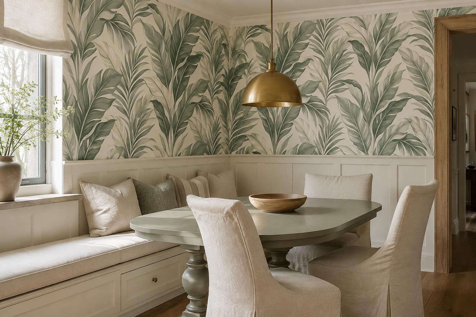 Tan And Neutral Abstract Forms Organic Tones Wallpaper Mural Dining-room-wallpaper-murals, Shown In A Dining Room, Peel-and-stick Finish