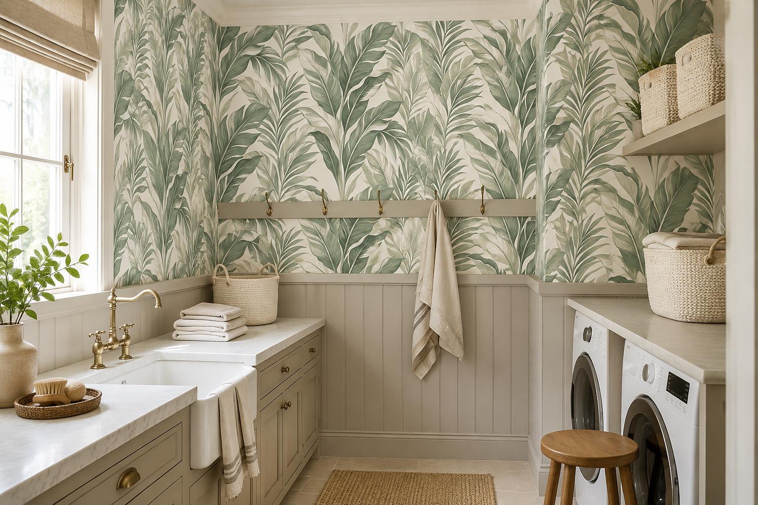 Sage Green Tropical Foliage Wallpaper Mural — Wallpaper Mural Design, Peel-and-stick Finish