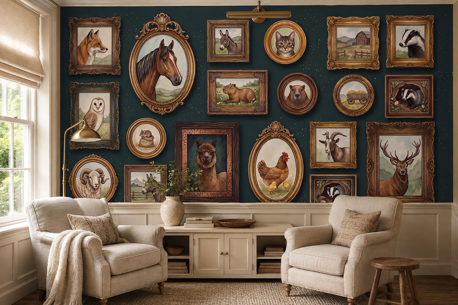 Vintage Animal Portrait Gallery Wallpaper Mural — Wallpaper Mural Design, Peel-and-stick Finish