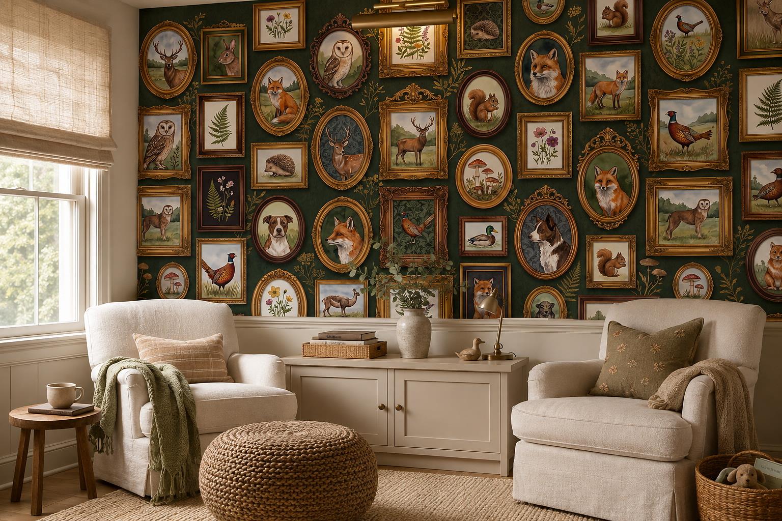 Green Woodland Animal And Botanical Portrait Wallpaper Mural — Wallpaper Mural Design, Peel-and-stick Finish