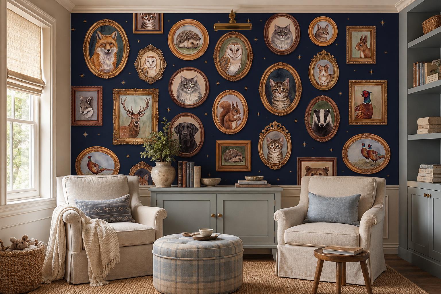Navy Framed Pet And Wildlife Portrait Wallpaper Mural — Wallpaper Mural Design, Peel-and-stick Finish