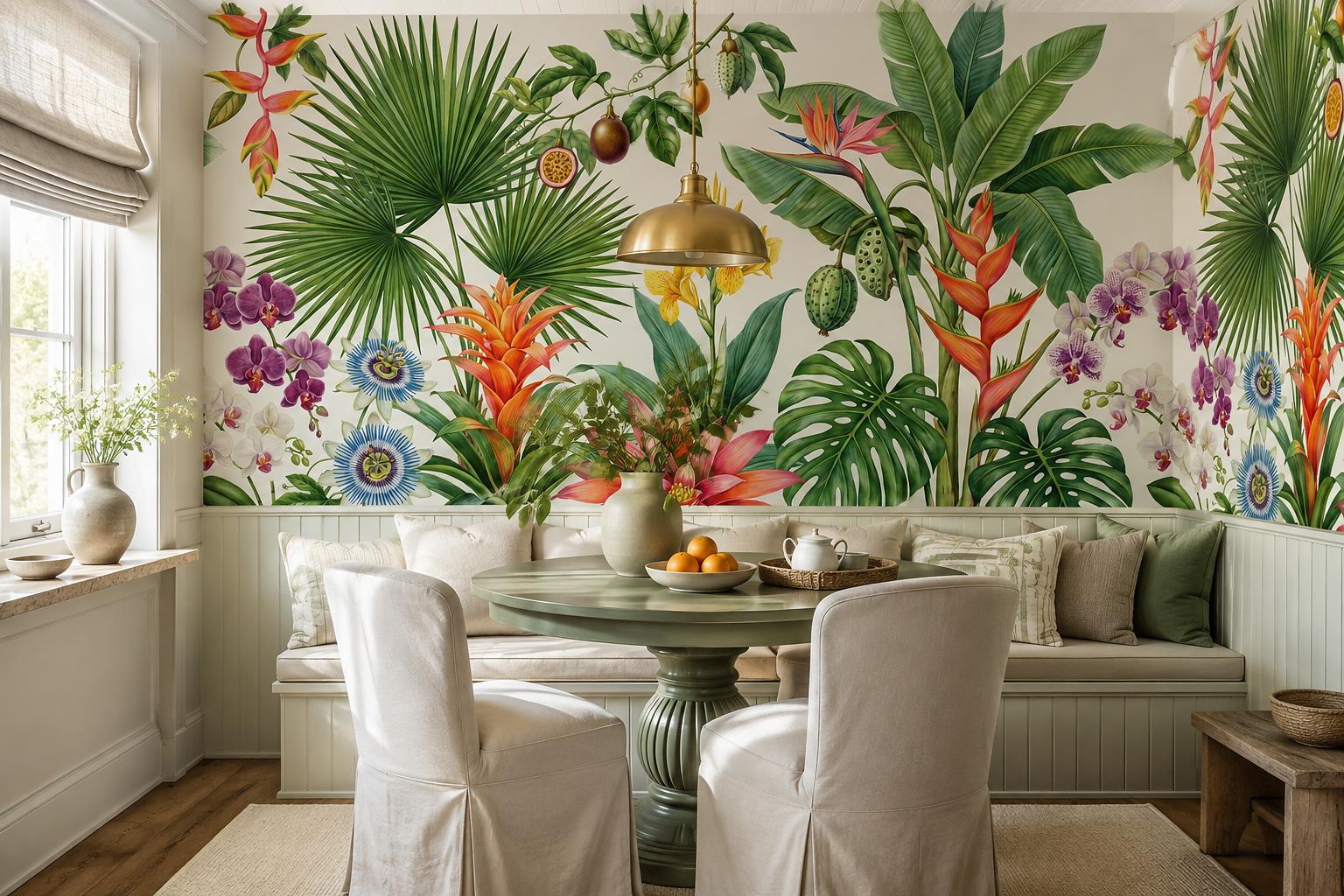 Colourful Tropical Flowers And Palm Leaves Wallpaper Mural — Wallpaper Mural Design, Peel-and-stick Finish