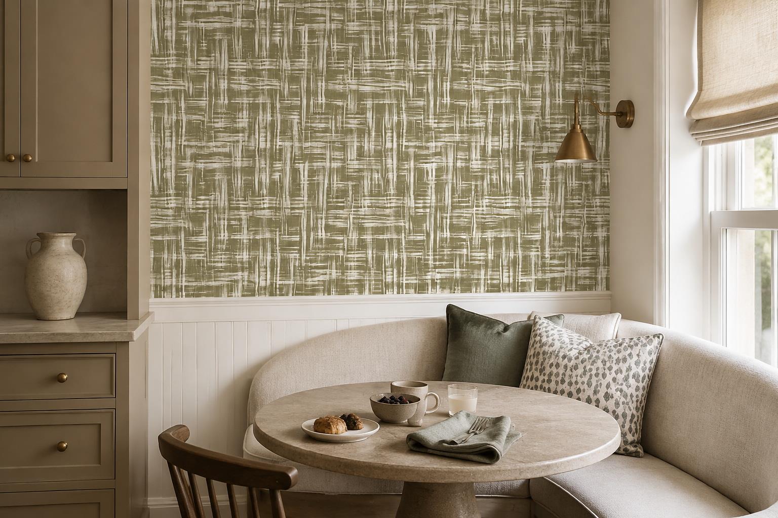 Tan And Neutral Abstract Forms Organic Soft Wallpaper Mural Dining-room-wallpaper-murals, Shown In A Dining Room, Peel-and-stick Finish