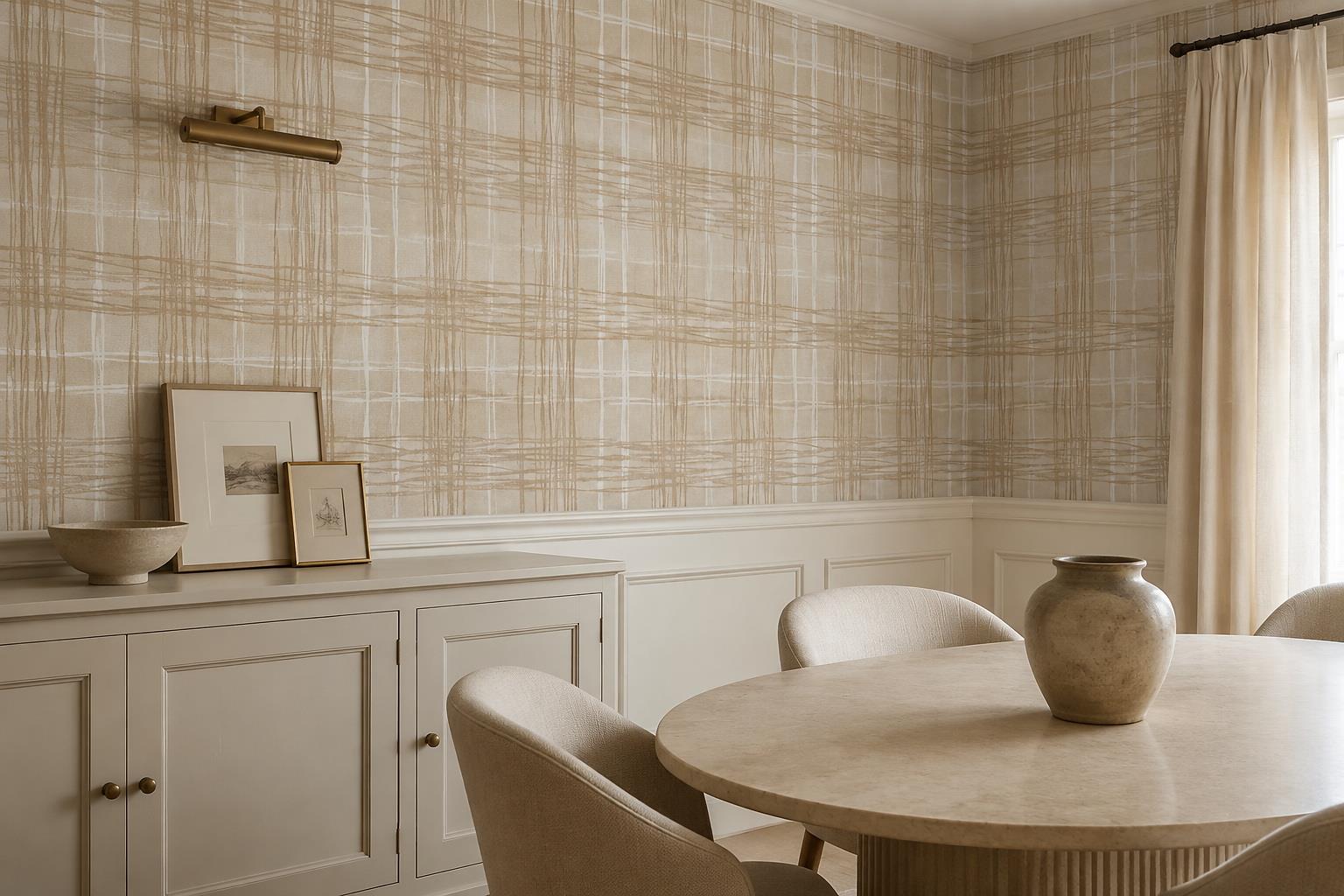 Tan And Neutral Abstract Forms Organic Balanced Wallpaper Mural Dining-room-wallpaper-murals, Shown In A Dining Room, Peel-and-stick Finish