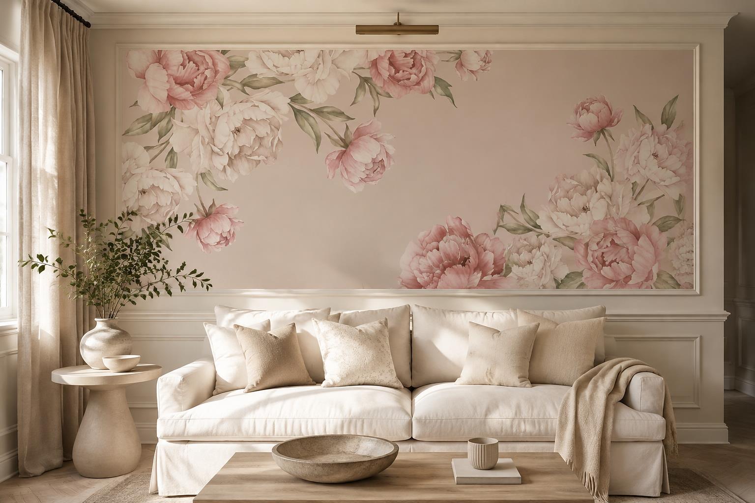 Scattered Blush Peonies On Beige Wallpaper Mural — Wallpaper Mural Design, Peel-and-stick Finish