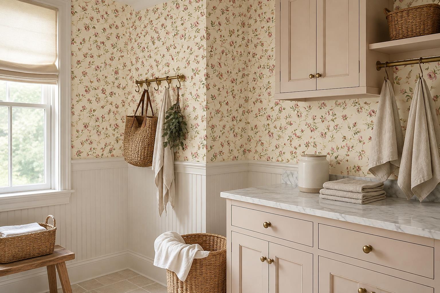 Pink Rose Sprigs On Cream Wallpaper Mural — Wallpaper Mural Design, Peel-and-stick Finish