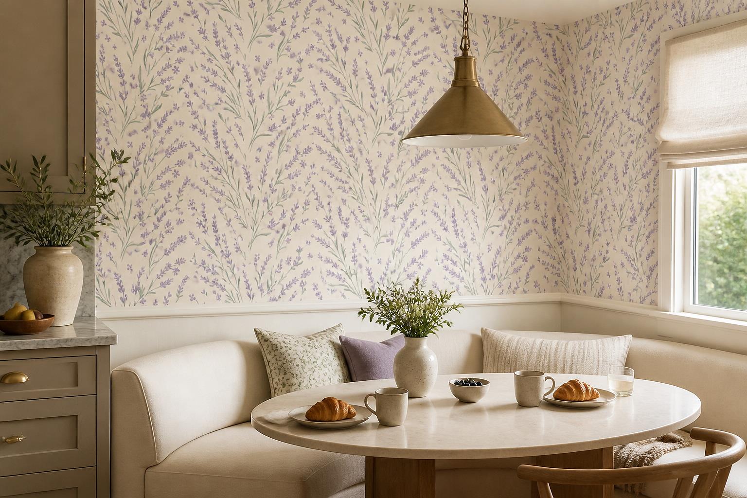 Tan And Neutral Abstract Forms Atmospheric Textured Wallpaper Mural Dining-room-wallpaper-murals, Shown In A Dining Room, Peel-and-stick Finish