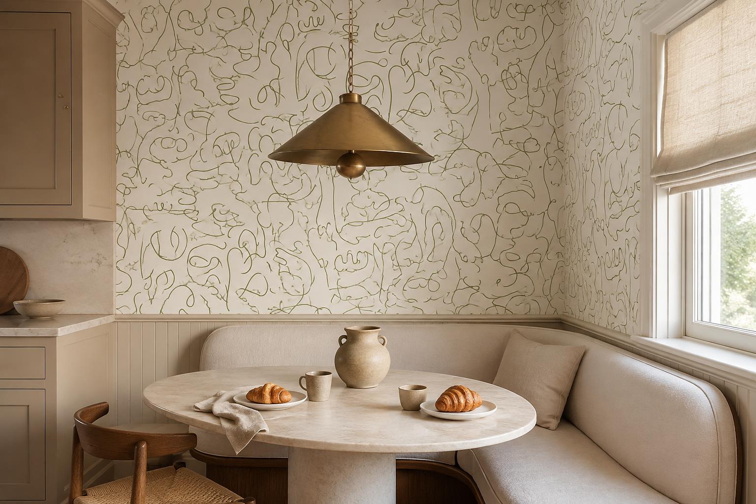 Tan And Neutral Abstract Forms Atmospheric Organic Wallpaper Mural Dining-room-wallpaper-murals, Shown In A Dining Room, Peel-and-stick Finish