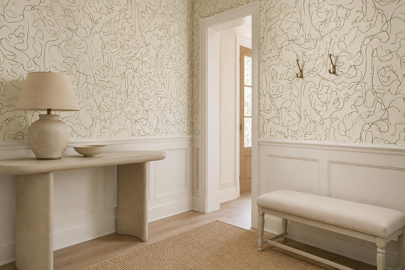 Olive Continuous Line Abstract Wallpaper Mural — Installed Wallpaper Mural In A Entryway, Peel-and-stick Finish