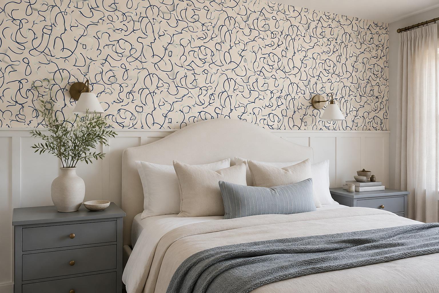 Taupe Continuous Line Abstract Wallpaper Mural — Installed Wallpaper Mural In A Bedroom, Peel-and-stick Finish