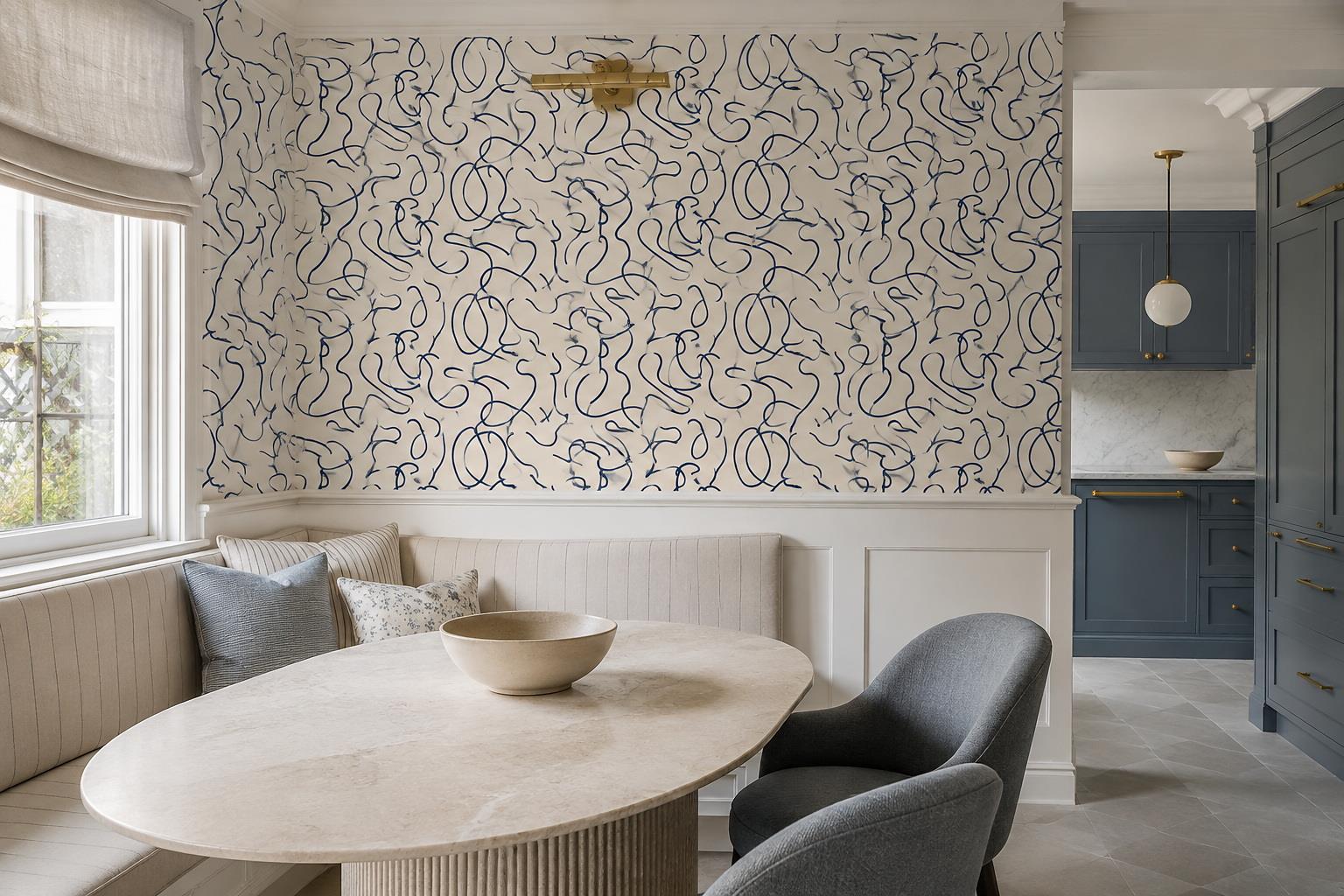 Tan And Neutral Abstract Forms Atmospheric Illustrated Wallpaper Mural Dining-room-wallpaper-murals, Shown In A Dining Room, Peel-and-stick Finish