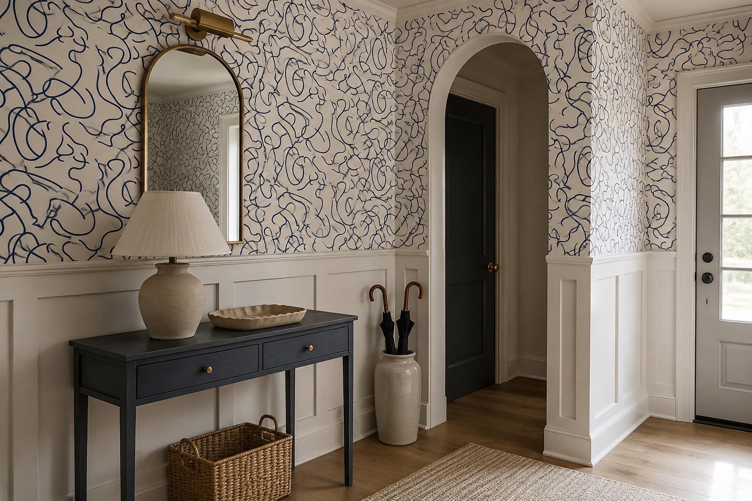 Tan And Neutral Abstract Forms Atmospheric Illustrated Wallpaper Mural Entryway-wallpaper-murals, Peel-and-stick Finish