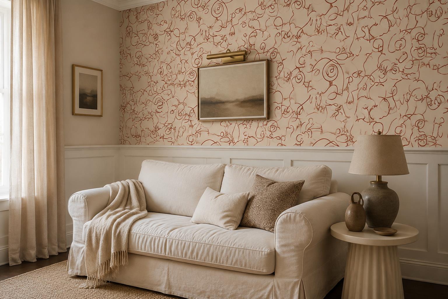 Tan And Neutral Abstract Forms Atmospheric Linear Wallpaper Mural Living-room-wallpaper-murals, Shown In A Living Room, Peel-and-stick Finish