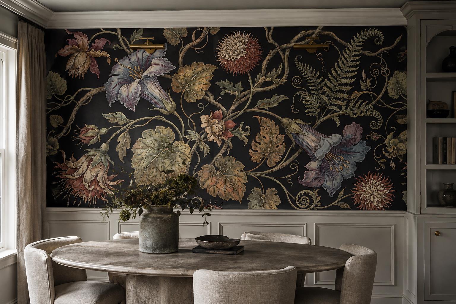 Tan And Neutral Abstract Forms Atmospheric Curved Wallpaper Mural Dining-room-wallpaper-murals, Shown In A Dining Room, Peel-and-stick Finish