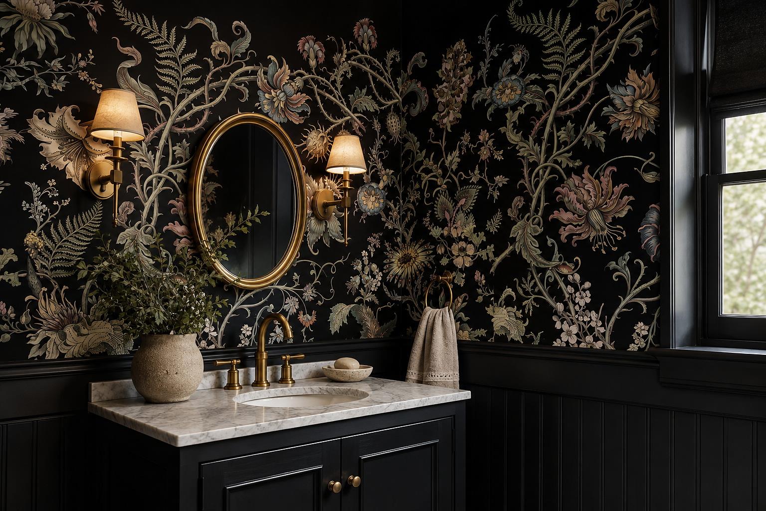 Whimsical Botanical Engraving On Black Wallpaper Mural — Wallpaper Mural Design, Peel-and-stick Finish