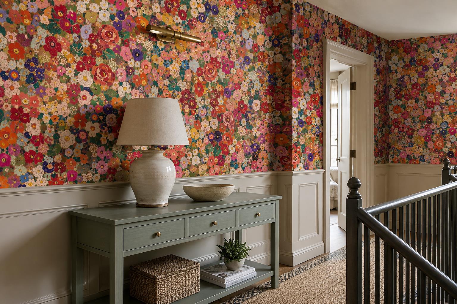 Vibrant Wildflower Meadow Wallpaper Mural — Installed Wallpaper Mural In A Entryway, Peel-and-stick Finish