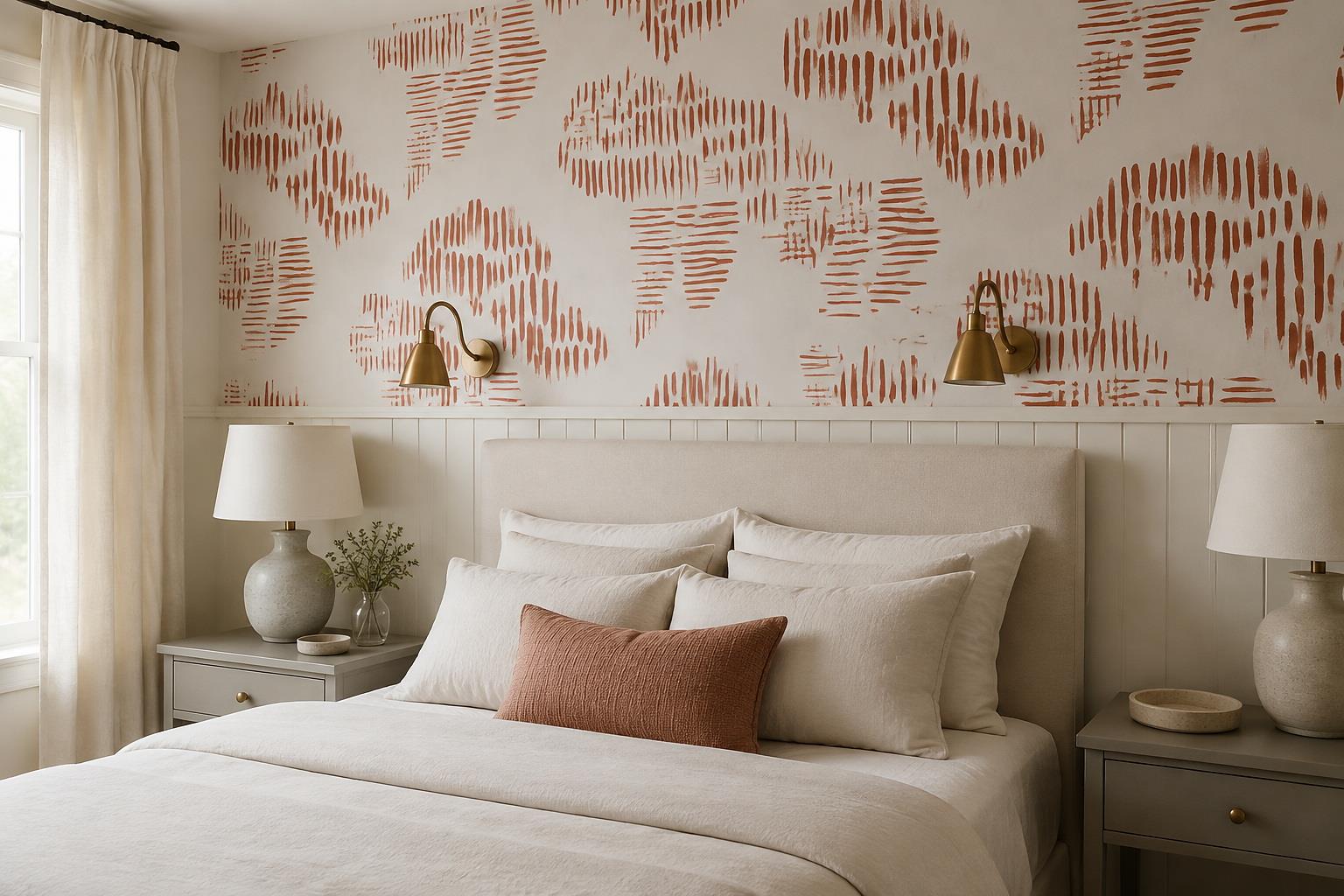 Rust Short Dash Pattern Wallpaper Mural — Installed Wallpaper Mural In A Bedroom, Peel-and-stick Finish