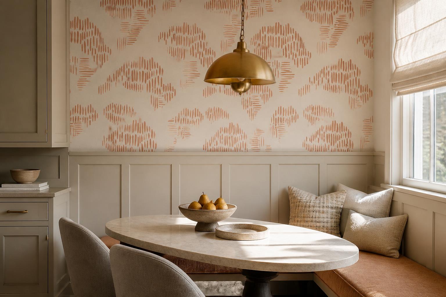 Tan And Neutral Abstract Forms Atmospheric Contour Wallpaper Mural Dining-room-wallpaper-murals, Shown In A Dining Room, Peel-and-stick Finish