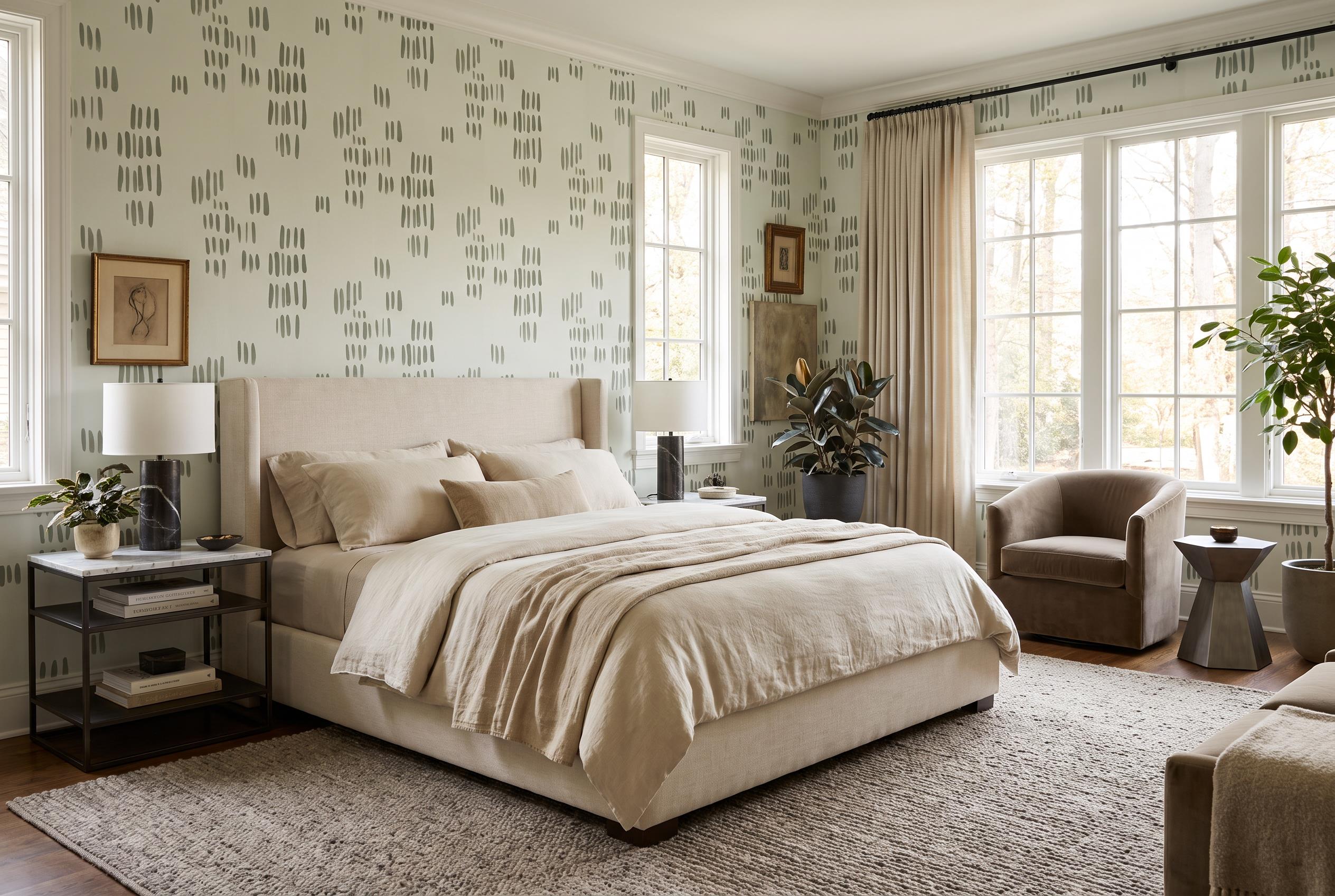 Muted Grey Scattered Brush Mark Wallpaper Mural — Installed Wallpaper Mural In A Bedroom, Peel-and-stick Finish
