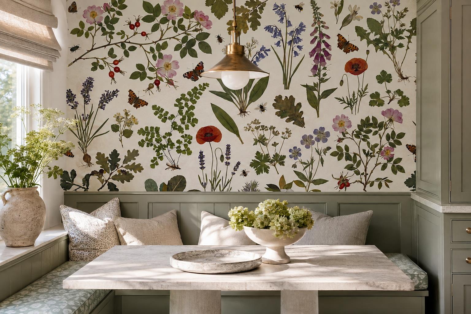 Wild Roses, Poppies And Butterflies Wallpaper Mural — Wallpaper Mural Design, Peel-and-stick Finish