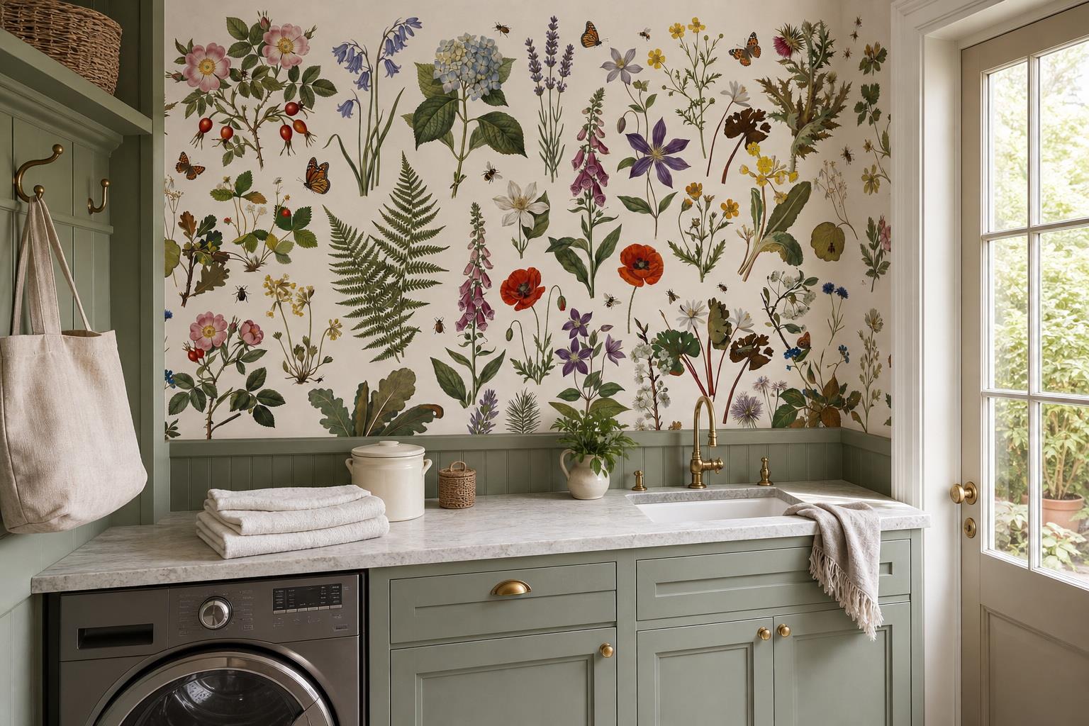 English Garden Flowers And Butterflies Wallpaper Mural — Wallpaper Mural Design, Peel-and-stick Finish