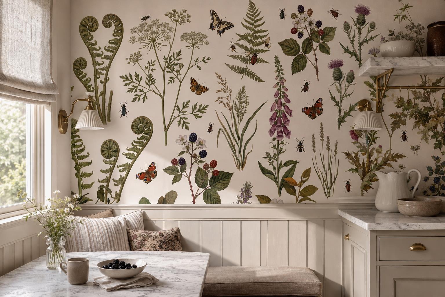 Meadow Plants And Butterflies Botanical Wallpaper Mural — Wallpaper Mural Design, Peel-and-stick Finish