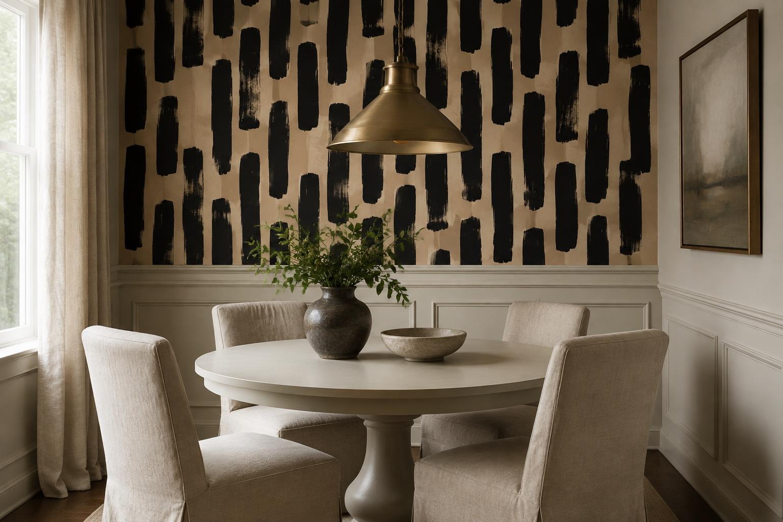 Tan And Neutral Abstract Forms Atmospheric Quiet Wallpaper Mural Dining-room-wallpaper-murals, Shown In A Dining Room, Peel-and-stick Finish
