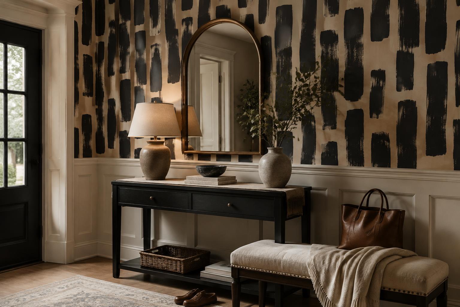 Tan And Neutral Abstract Forms Atmospheric Quiet Wallpaper Mural Entryway-wallpaper-murals, Peel-and-stick Finish